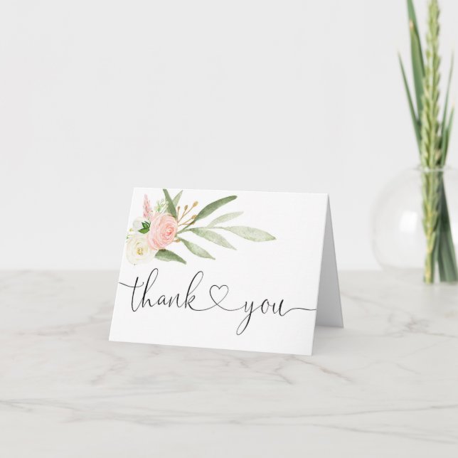 Pink greenery gold elegant script thank you card (Front)