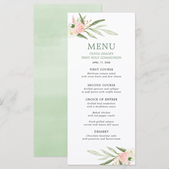 Pink greenery gold green leaves elegant menu (Front/Back)