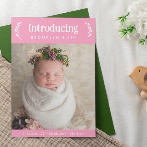 Pink Greenery Introducing New Baby Girl Photo Announcement