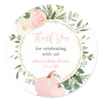 Pink greenery pumpkins elegant fall baby shower classic round sticker