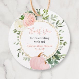 Pink greenery pumpkins elegant fall baby shower favor tags