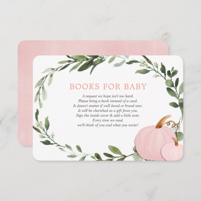 Pink greenery pumpkins fall books for baby girl enclosure card (Front/Back)