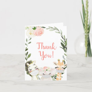 Pink greenery safari animals masks baby shower letterpress thank you card