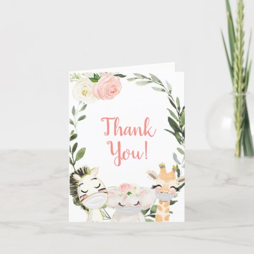 Pink greenery safari animals masks baby shower thank you card