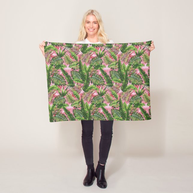 Pink Greenery Tropical Jungle Botanical Fleece Blanket (In Situ)