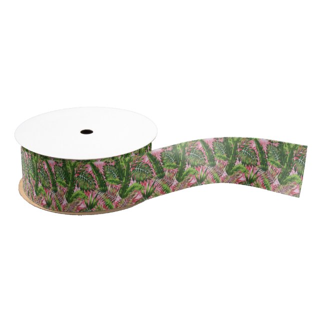 Pink Greenery Tropical Jungle Botanical Grosgrain Ribbon (Spool)