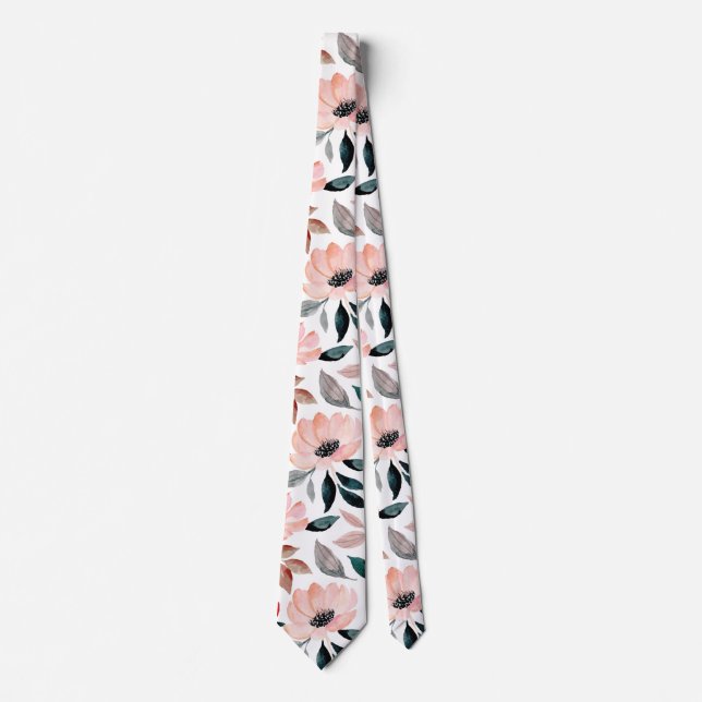 Pink Greenery Watercolor Floral Pattern Neck Tie (Front)