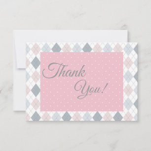 Pink Grey Argyle Dots Gingham Check - Baby Shower Thank You Card