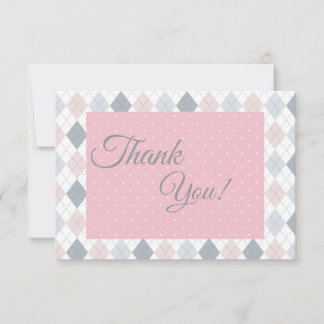 Pink Grey Argyle Dots Gingham Check - Baby Shower Thank You Card