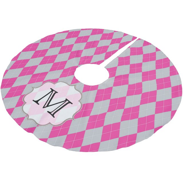 Pink Grey Argyle Trian Monogram Initial Tree Skirt (Angled)