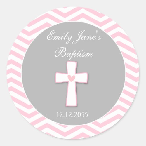 Pink Grey Baptism Favor Stickers Tags