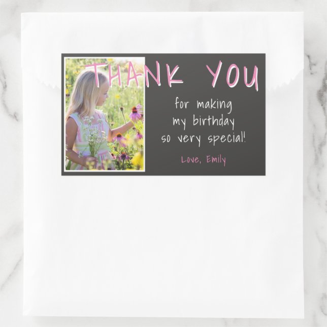 Pink Grey Birthday Girl Photo Thank you Favor Rectangular Sticker (Bag)