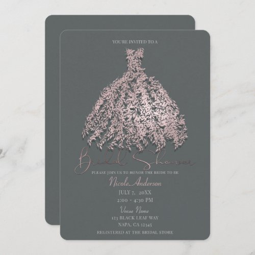 Pink  Grey Botanical Leaves Dress Bridal Shower Invitation