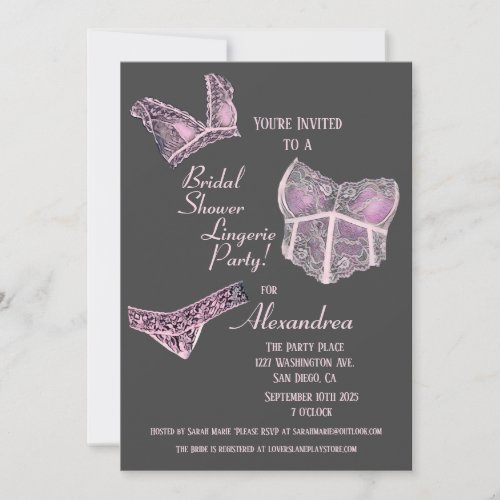 Pink Grey Bridal Shower Lingerie Party Invitation