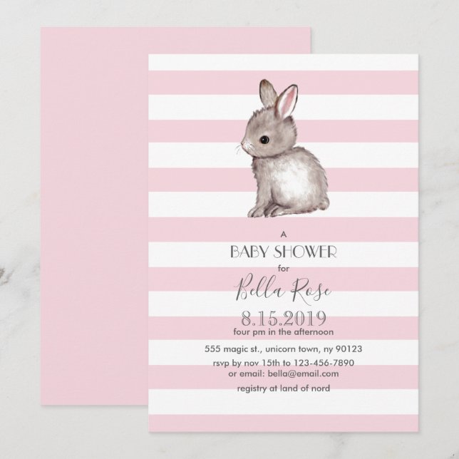 Pink grey bunny baby shower invitations (Front/Back)