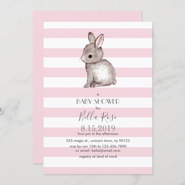 Pink grey bunny baby shower invitations (Front/Back)