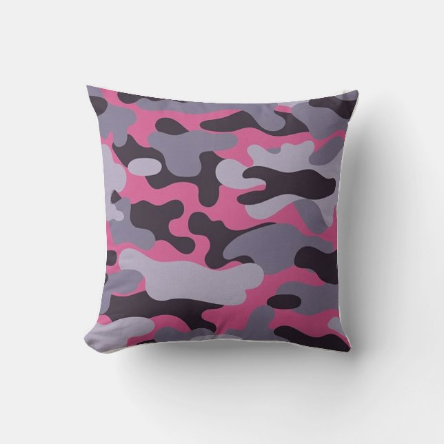 Pink Grey Camo Print Throw Pillow (Front)
