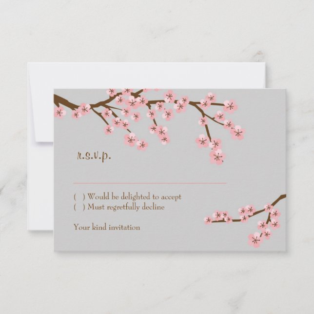 Pink & Grey Cherry Blossom Spring Wedding RSVP Card (Front)