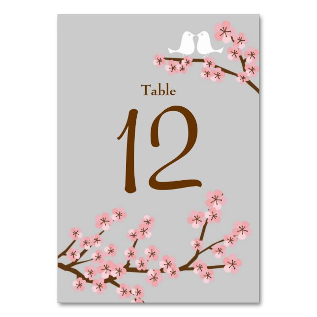 Pink & Grey Cherry Blossom Spring Wedding Table Number (Front)