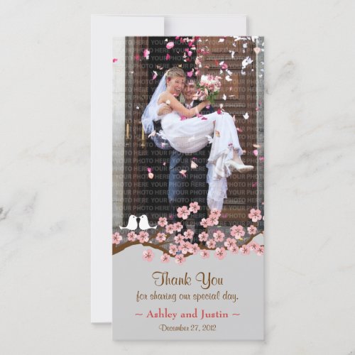 Pink  Grey Cherry Blossom Spring Wedding Thank You Card