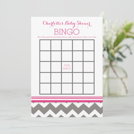 Pink Grey Chevron Baby Shower Bingo (Standing Front)