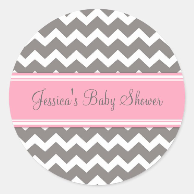 Pink Grey Chevron Baby Shower Favor Stickers (Front)