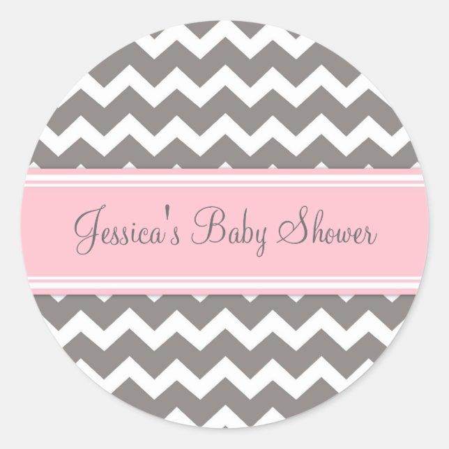 Pink Grey Chevron Baby Shower Favor Stickers (Front)