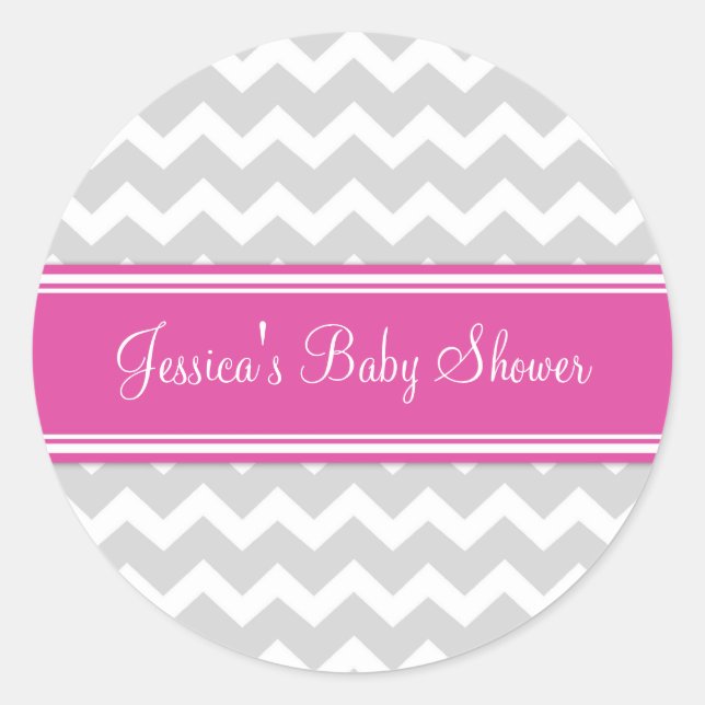Pink Grey Chevron Baby Shower Favor Stickers (Front)
