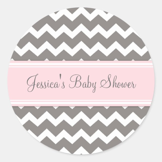 Pink Grey Chevron Baby Shower Favor Stickers (Front)