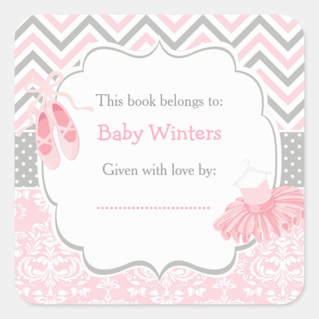 Pink/Grey Chevron Ballerina Baby Shower Bookplate (Front)