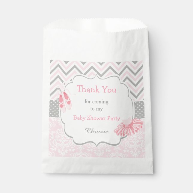 Pink & Grey Chevron Ballerina Baby Shower Favor Bag (Front)
