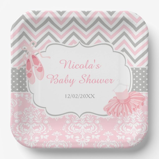 Pink & Grey Chevron Ballerina Baby Shower Paper Plates (Front)