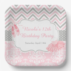 Pink & Grey Chevron Ballerina Birthday Paper Plates
