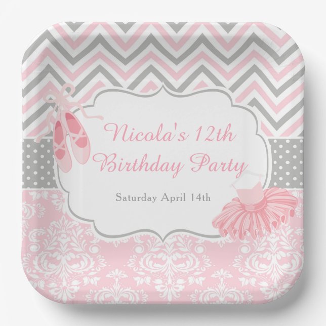 Pink & Grey Chevron Ballerina Birthday Paper Plates (Front)