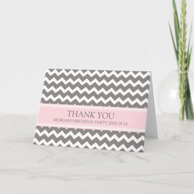 Pink Grey Chevron Birthday Party Thank You Card (Front)