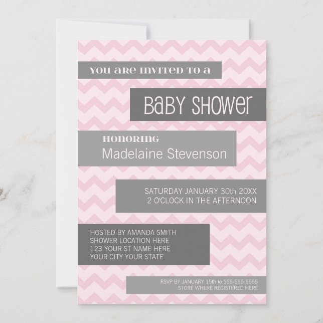 Pink Grey Chevron Custom Baby Shower Invitations (Back)