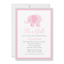 Pink Grey Chevron Elephant Girl Baby Shower Invite