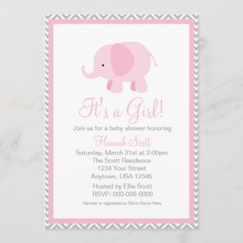Pink Grey Chevron Elephant Girl Baby Shower Invite by coffeecatdesigns at Zazzle