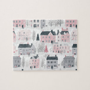 Pink Grey Christmas Houses on White Jigsaw Puzzle