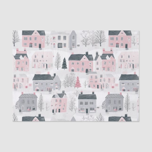 Pink Grey Christmas Houses on White Tissue Paper (Front)