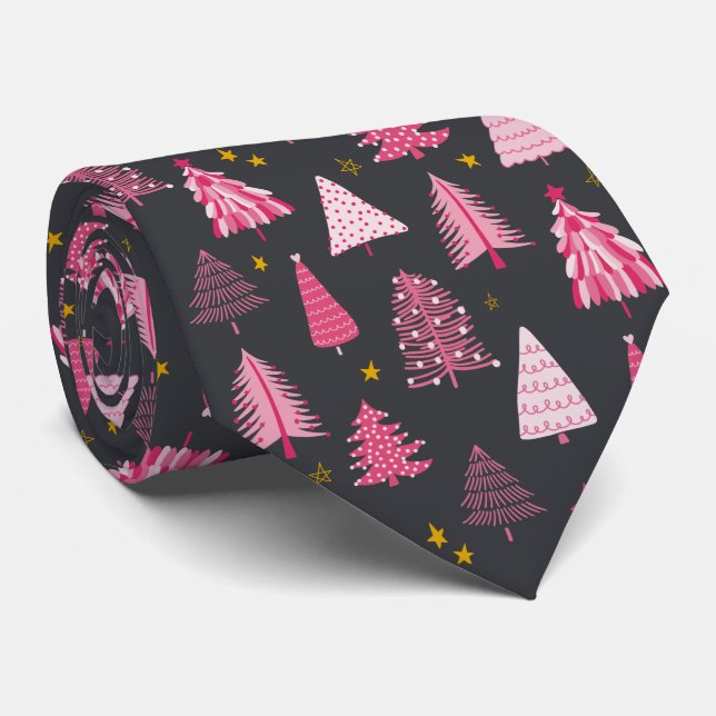 Pink & Grey Christmas Tree Neck Tie (Rolled)