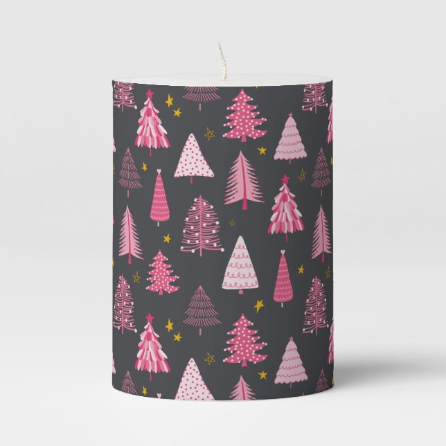 Pink & Grey Christmas Tree Pattern Pillar Candle (Front)