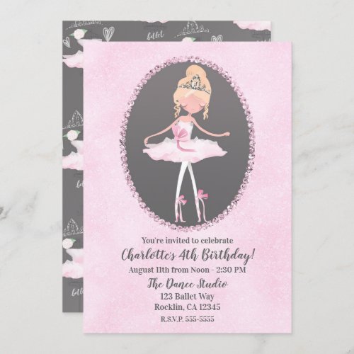 Pink  Grey Couture Ballerina Birthday Party Invitation