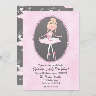 Pink & Grey Couture Ballerina Birthday Party Invitation