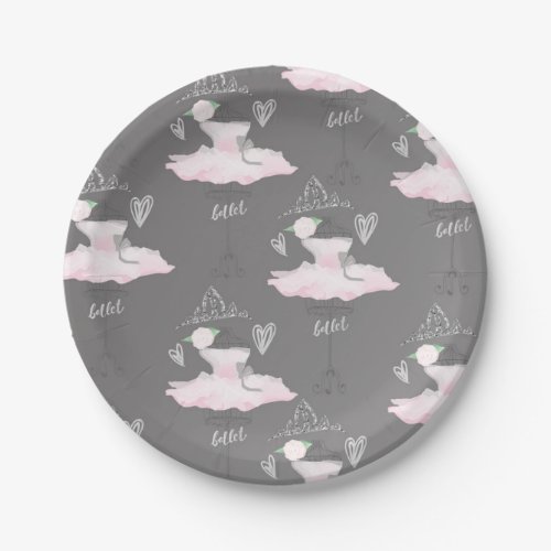 Pink  Grey Couture Ballerina Birthday Party Paper Plates