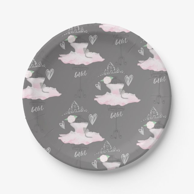 Pink & Grey Couture Ballerina Birthday Party Paper Plates (Front)