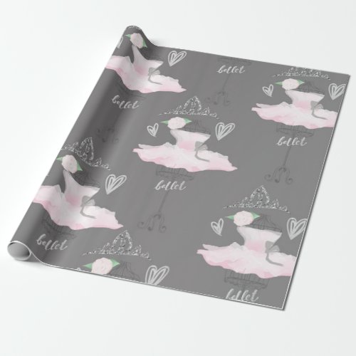 Pink  Grey Couture Ballerina Birthday Party Wrapping Paper