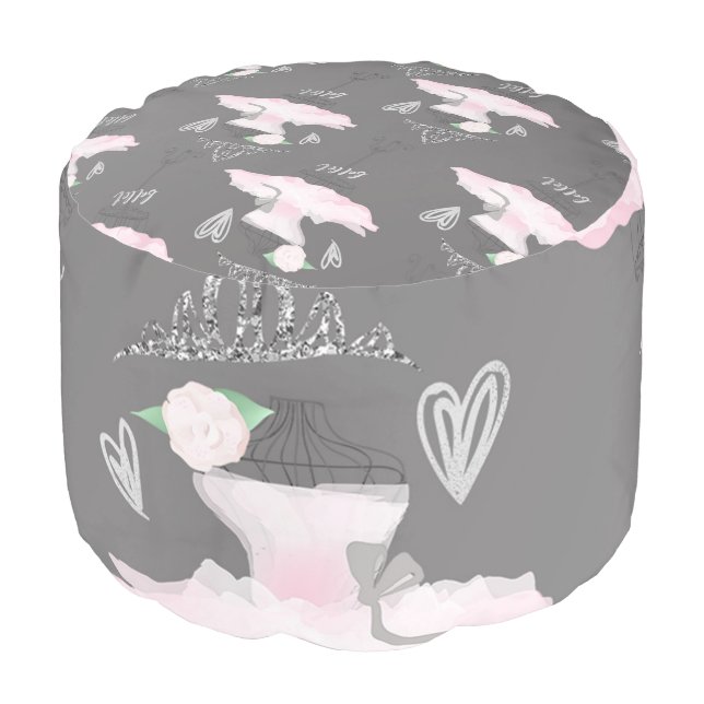 Pink & Grey Couture Ballerina Girls Bedroom Pouf (Angled Front)