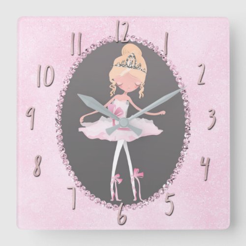 Pink  Grey Couture Ballerina Girls Bedroom Square Wall Clock