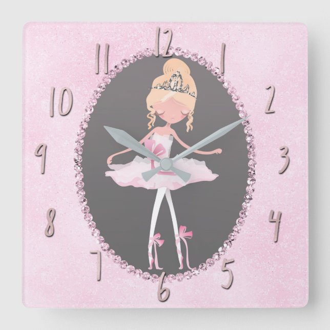 Pink & Grey Couture Ballerina Girls Bedroom Square Wall Clock (Front)